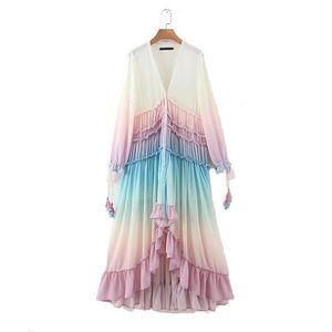 NEVER WORN Flowy Ruffle Tie Dye Maxi Dress